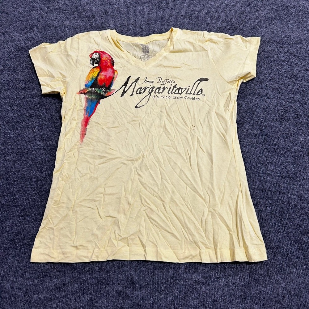Margaritaville T-Shirt Womens Medium Yellow Parrot Graphic V-Neck Cotton Casual